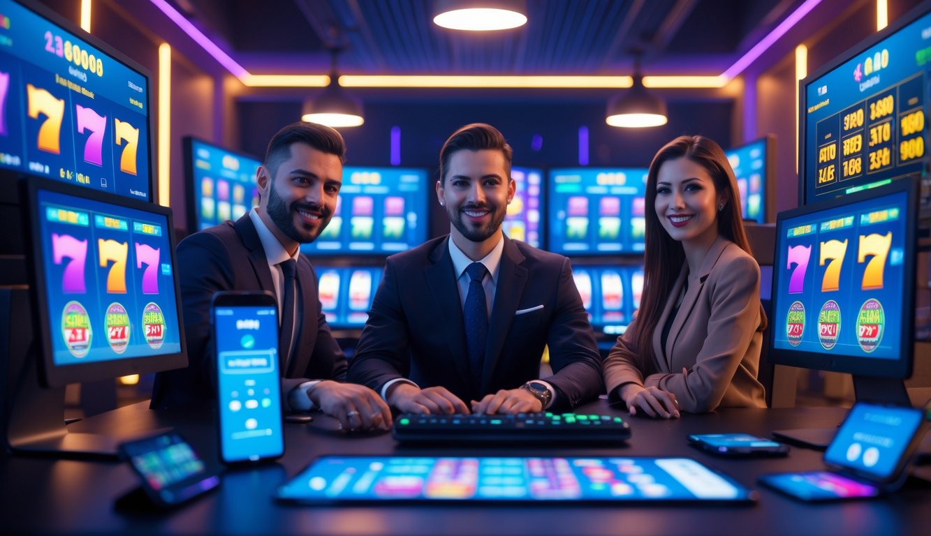 Seorang pria dan wanita duduk di depan komputer dengan tampilan permainan slot dan perangkat digital di meja, menunjukkan suasana lingkungan judi online yang modern dan profesional.