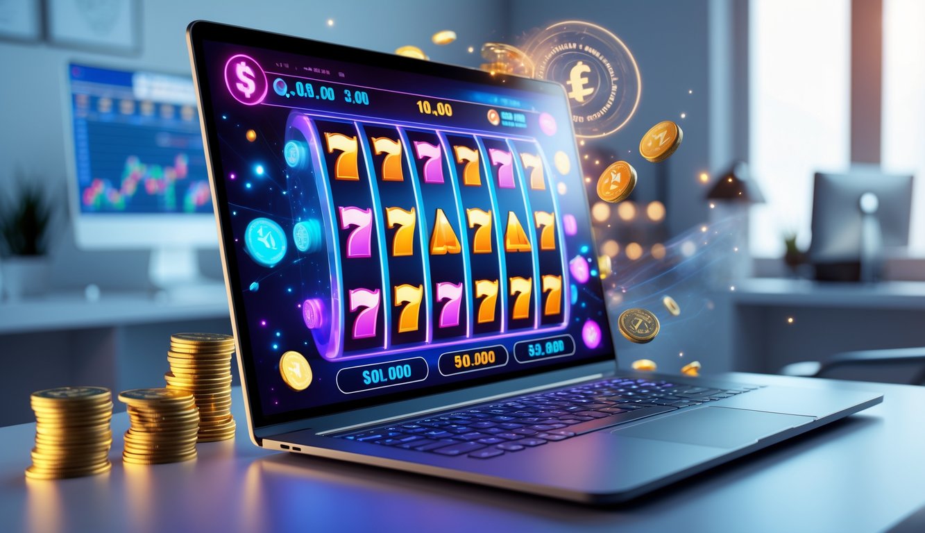 Seorang pemain sedang menggunakan komputer dengan tampilan mesin slot berwarna-warni di layar, di meja yang rapi dengan dekorasi minimalis dan pencahayaan terang.