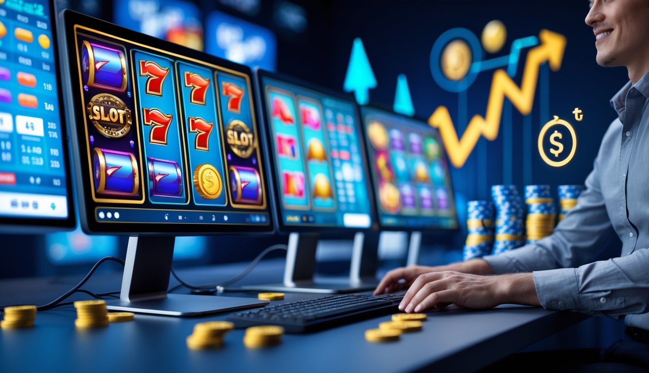 Seseorang menggunakan komputer dengan layar menampilkan permainan slot berwarna-warni dan grafik yang menunjukkan transaksi online dan grafik keuntungan.