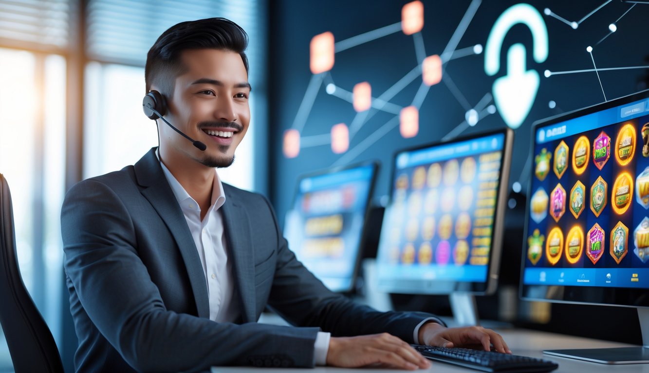 Seorang agen kasino online pria duduk di meja modern dengan beberapa layar komputer menampilkan permainan slot, di kantor yang aman dan profesional.