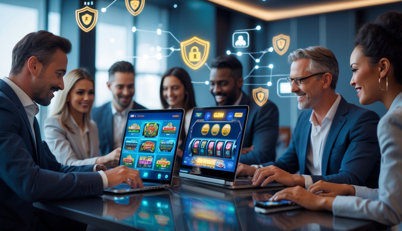 Sekelompok orang dewasa menggunakan perangkat digital untuk bermain slot online di ruangan modern yang menunjukkan suasana aman dan terpercaya.