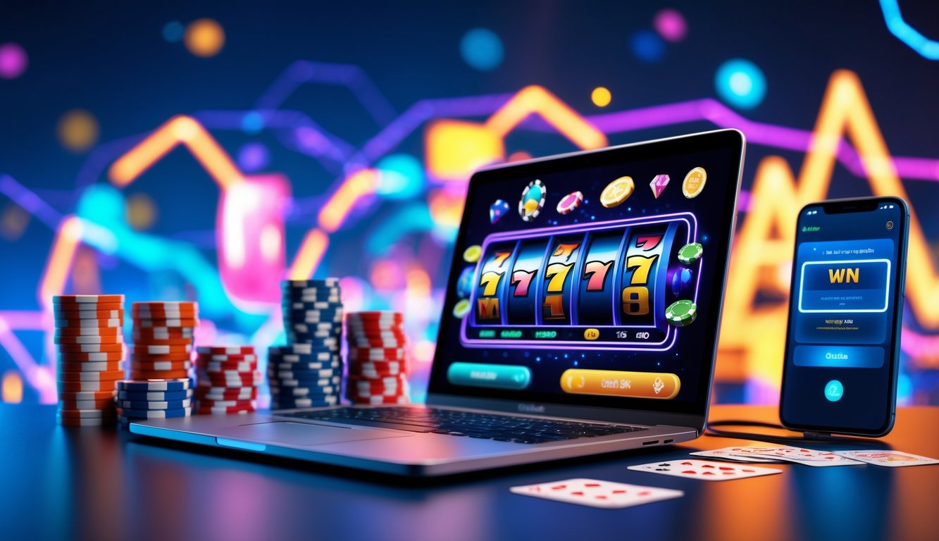Suasana kerja modern dengan laptop menampilkan permainan slot, chip kasino, kartu remi, dan ponsel yang menunjukkan notifikasi kemenangan.