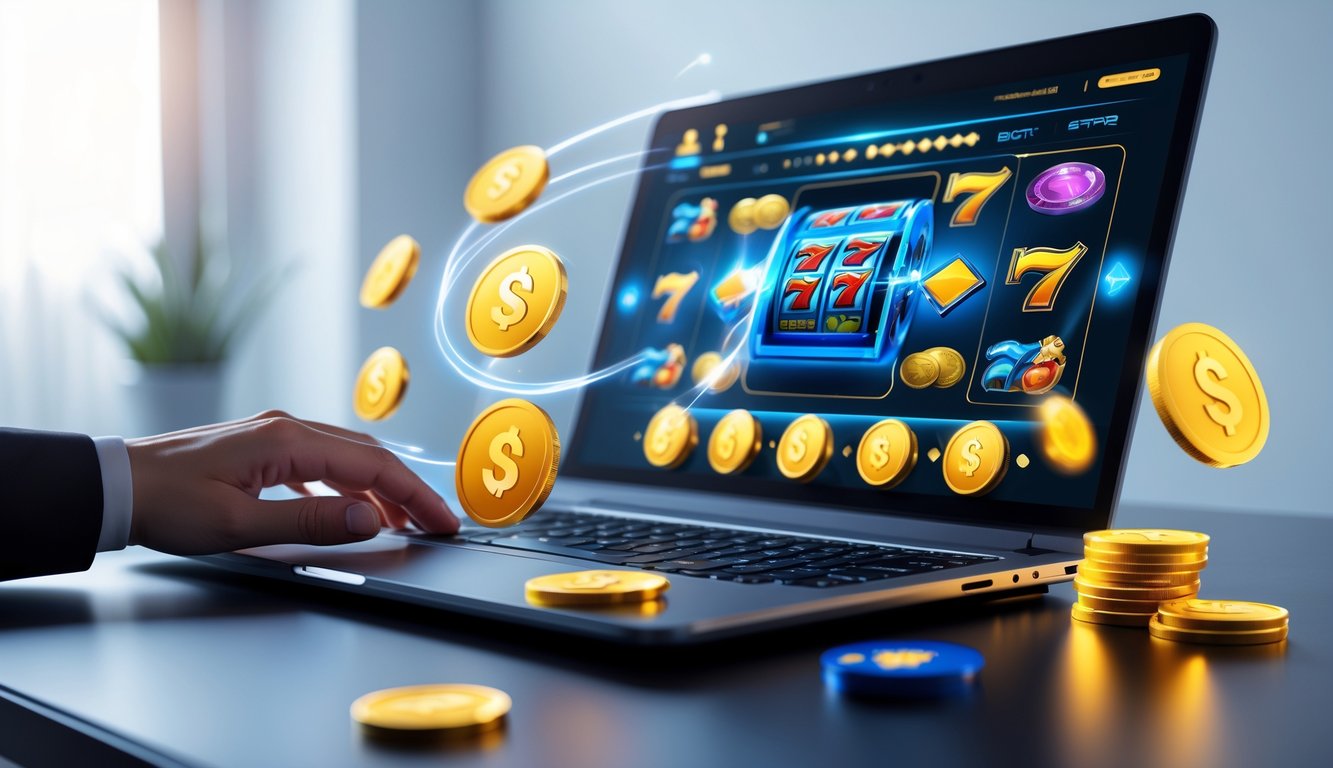 Seorang pengguna komputer sedang bermain permainan slot online di lingkungan kerja yang modern dan terang dengan simbol koin digital dan elemen pembayaran online.