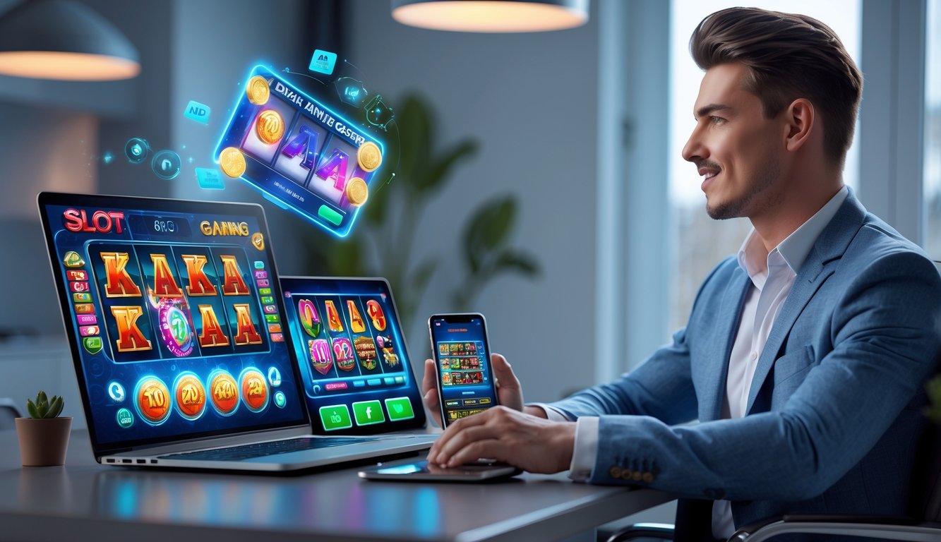 Seorang dewasa muda duduk di meja dengan laptop dan ponsel yang menampilkan permainan slot online, di ruangan yang nyaman dan modern.