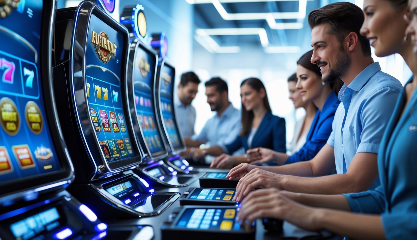 Sekelompok orang sedang bermain mesin slot online di lingkungan modern dengan layar digital dan simbol pembayaran digital.