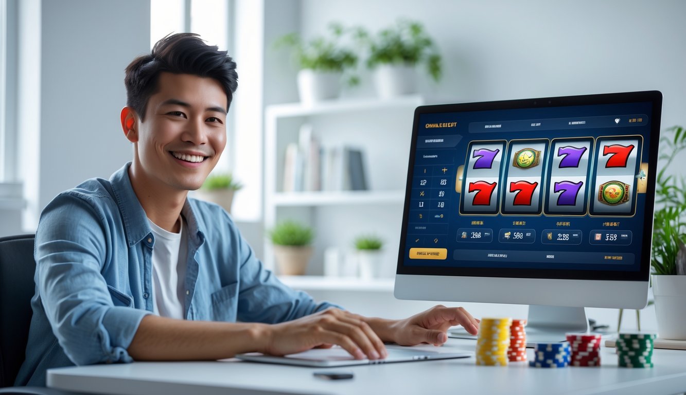 Seorang dewasa muda duduk di meja modern dengan laptop, bermain permainan slot online di ruang kerja yang terang dan rapi.