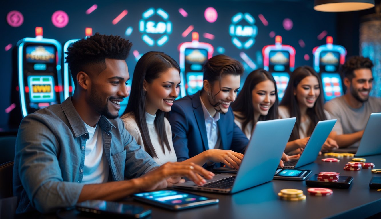 Sekelompok orang muda bermain game slot online dengan perangkat digital di ruangan modern yang terang dan nyaman.
