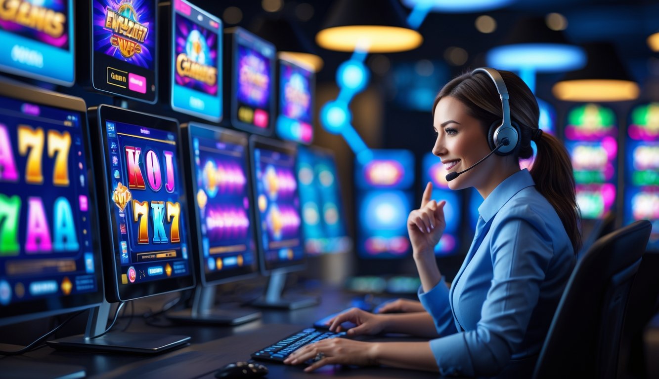Seorang perwakilan layanan pelanggan sedang bekerja di depan beberapa layar komputer yang menampilkan permainan slot online dengan suasana kantor yang modern dan terang.
