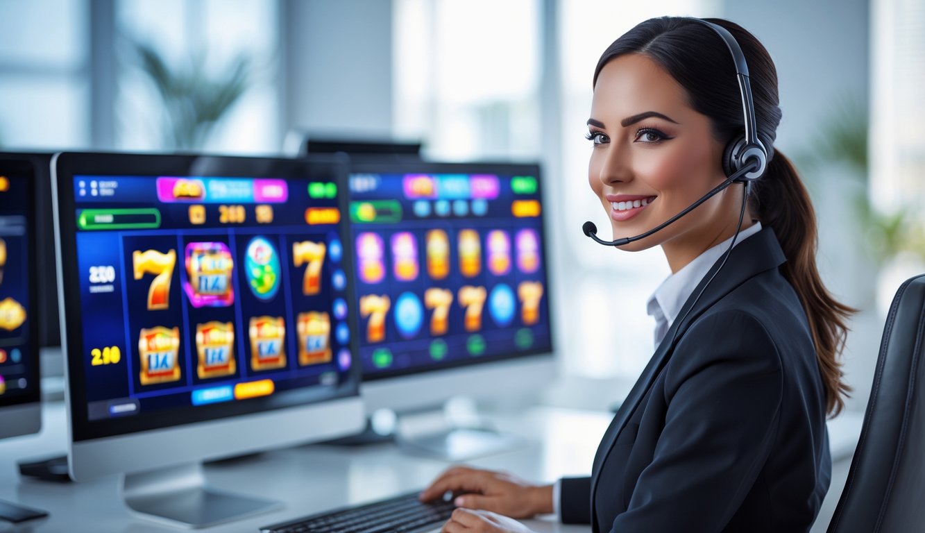 Seorang agen layanan pelanggan profesional sedang bekerja dengan beberapa layar komputer menampilkan permainan slot online di kantor modern.