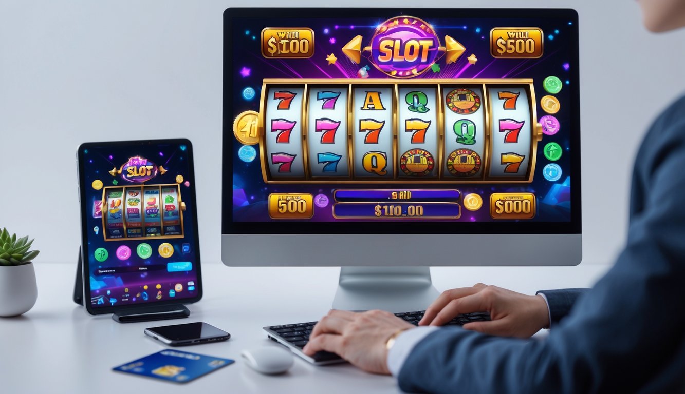 Seorang pemain menggunakan komputer dengan tampilan permainan slot online berwarna cerah dan perangkat pembayaran digital di meja.