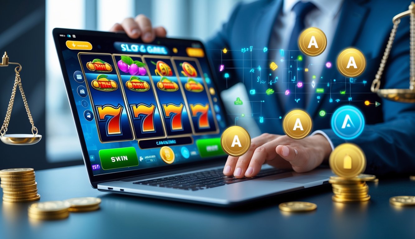 Seorang profesional sedang menggunakan laptop dengan tampilan permainan slot online di layar, menunjukkan suasana kerja yang modern dan terpercaya.