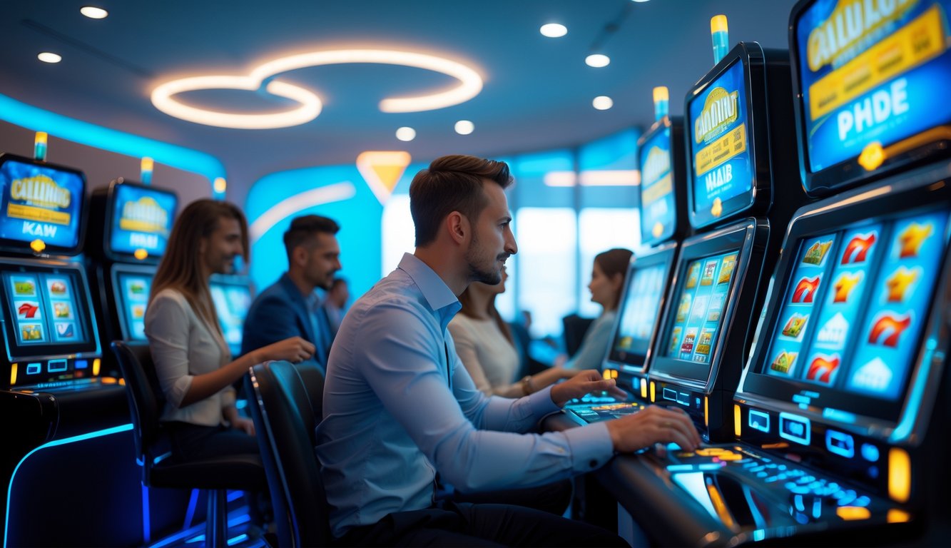 Beberapa orang menggunakan mesin slot digital di ruangan terang dengan suasana profesional dan modern.