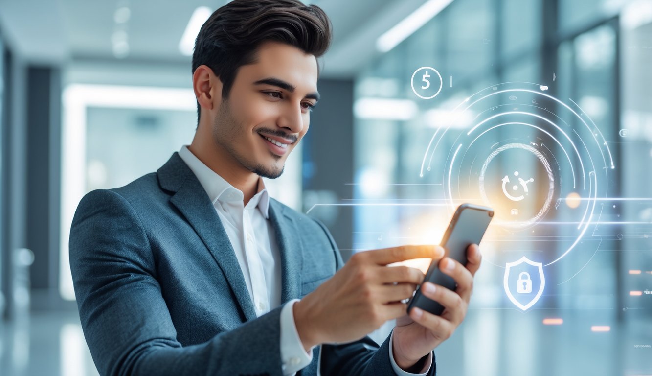 Seorang pria muda menggunakan ponsel untuk melakukan pembayaran online di lingkungan modern yang cerah dan bersih.