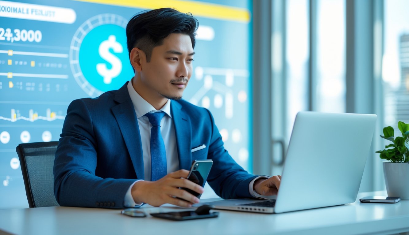 Seorang pria Asia Tenggara duduk di meja kantor modern menggunakan laptop dan ponsel, menunjukkan transaksi online yang cepat dan aman.