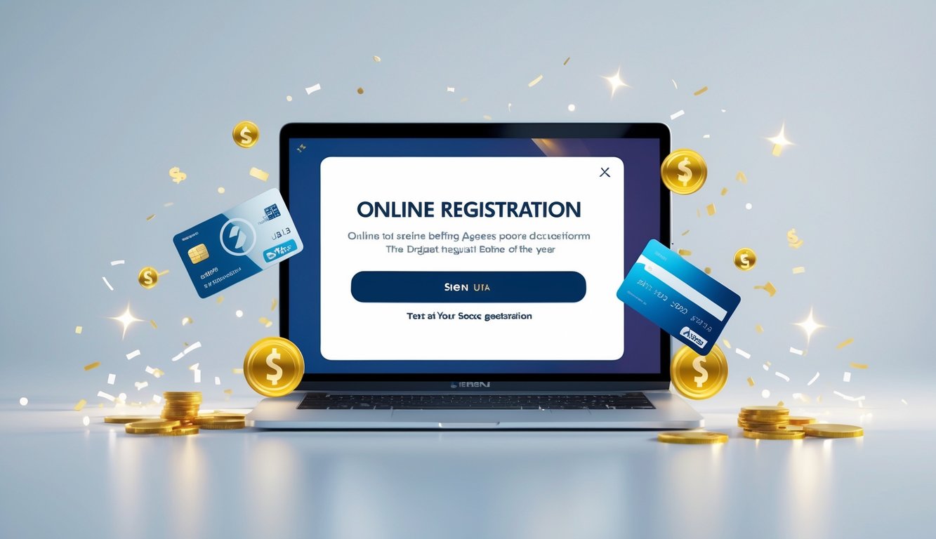 Seseorang menggunakan laptop atau ponsel untuk mendaftar secara online dengan simbol pembayaran digital dan suasana yang cerah dan menarik.