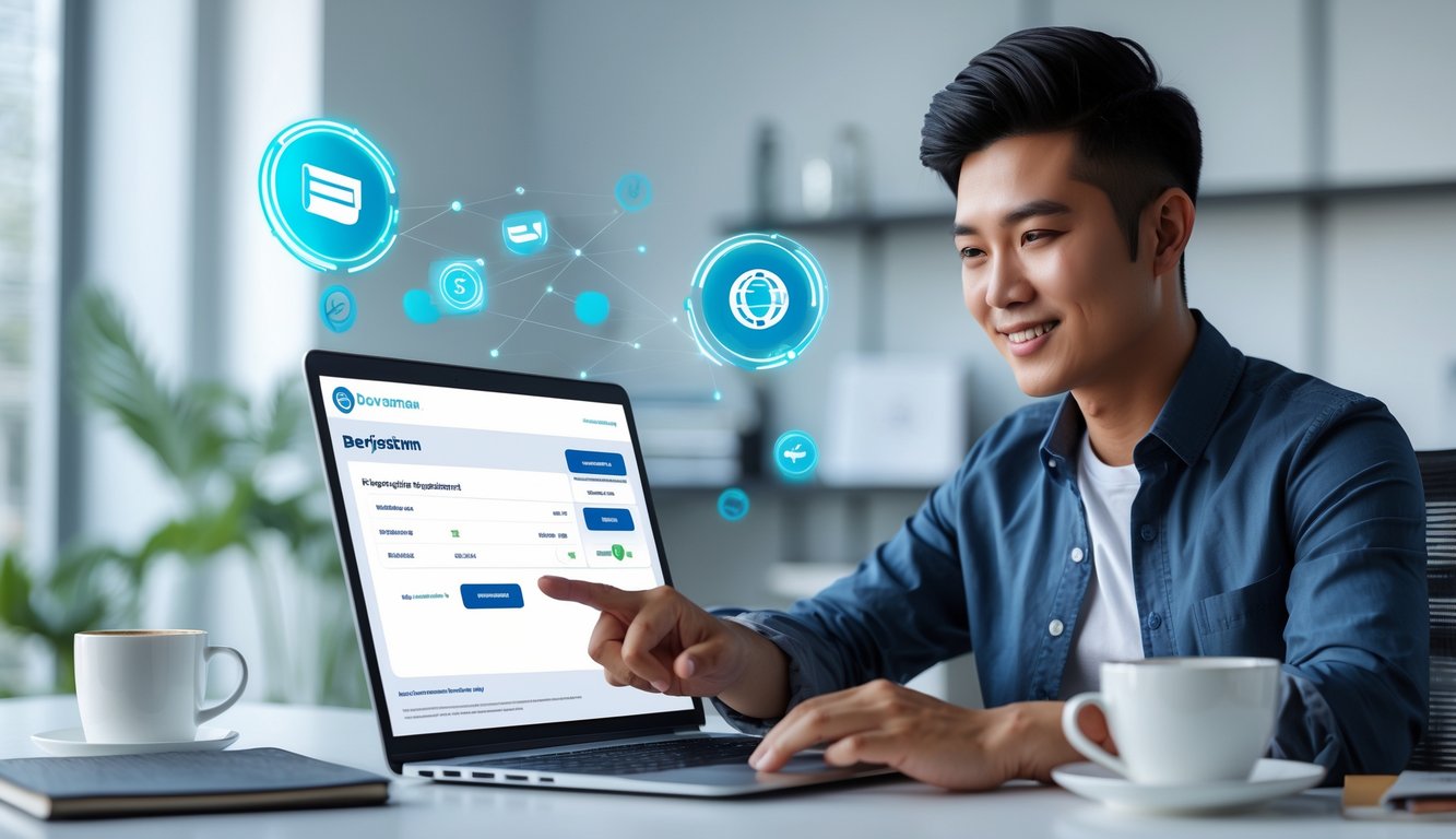 Seorang pria muda sedang menggunakan laptop di kantor modern untuk mendaftar dan melakukan pembayaran online.