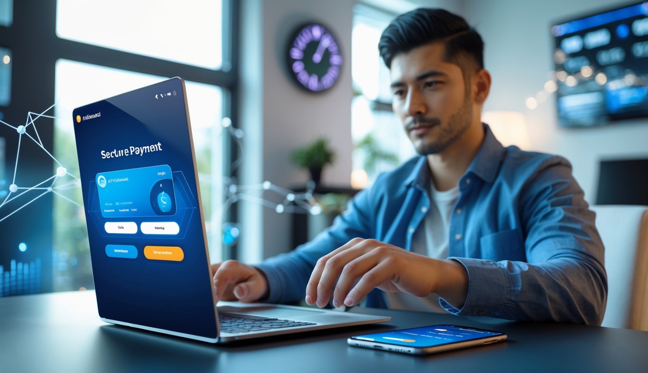 Seorang pria muda menggunakan laptop dan ponsel untuk melakukan transaksi pembayaran online di ruang kerja modern.