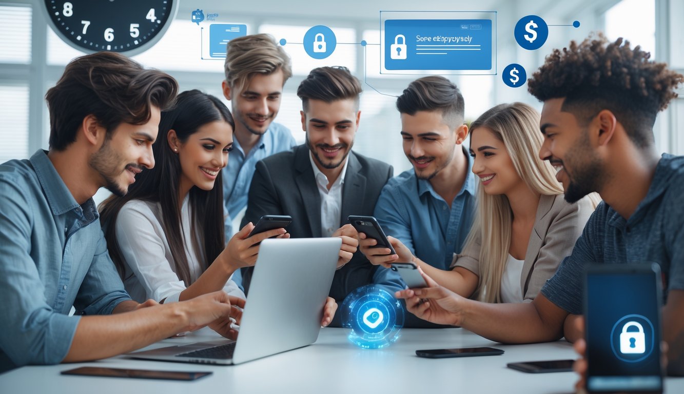 Sekelompok orang muda menggunakan laptop dan ponsel untuk melakukan transaksi pembayaran online dalam suasana kantor modern yang terang dan bersih.