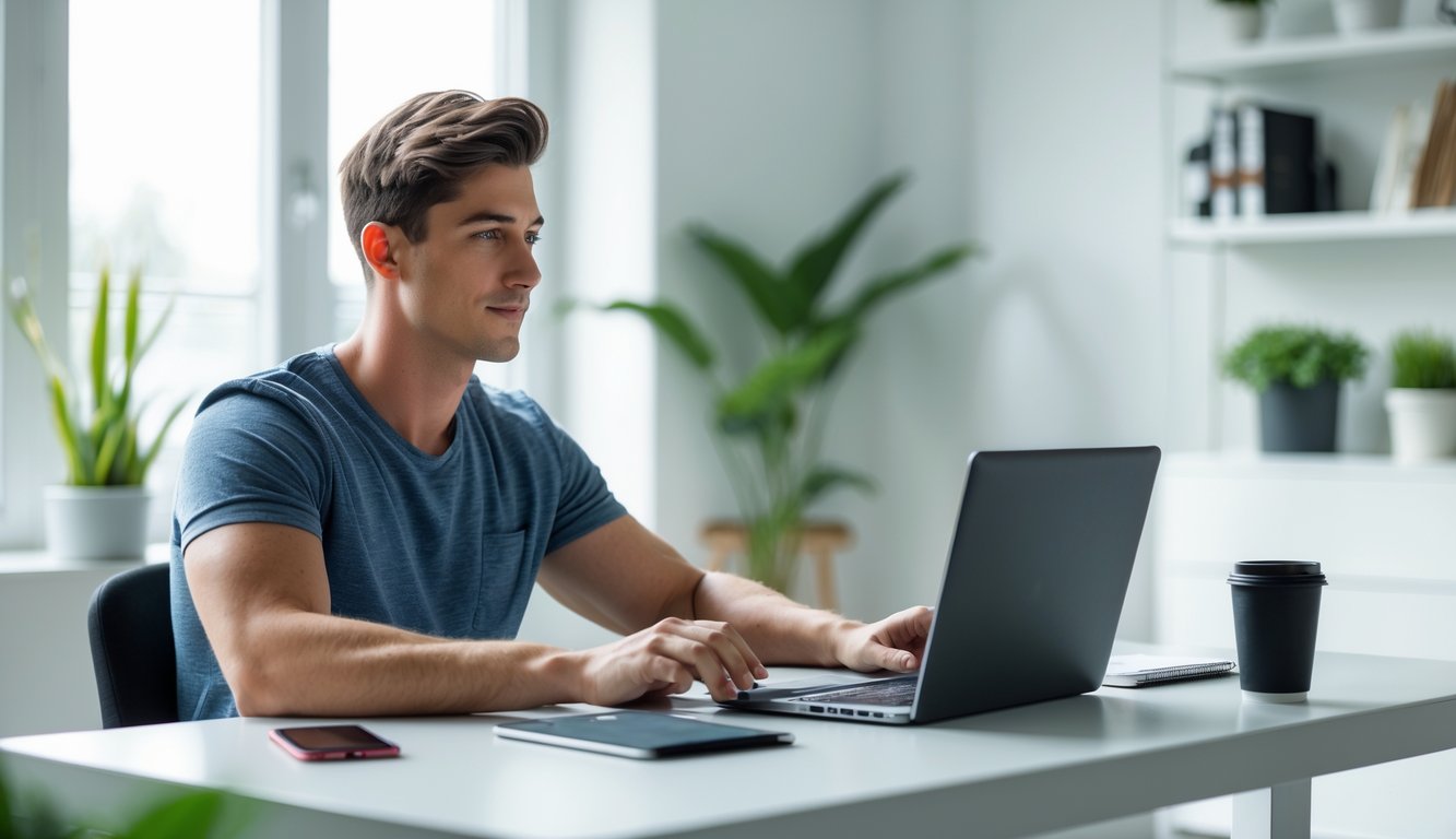 Seorang pria muda duduk di meja dengan laptop di ruang kerja rumah yang terang dan rapi, fokus menggunakan platform online.