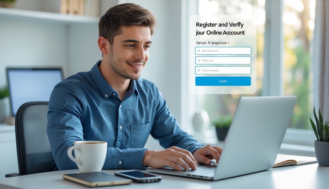 Seorang pria muda sedang duduk di meja kerja menggunakan laptop untuk mendaftar dan memverifikasi akun secara online di ruang kantor rumah yang terang.