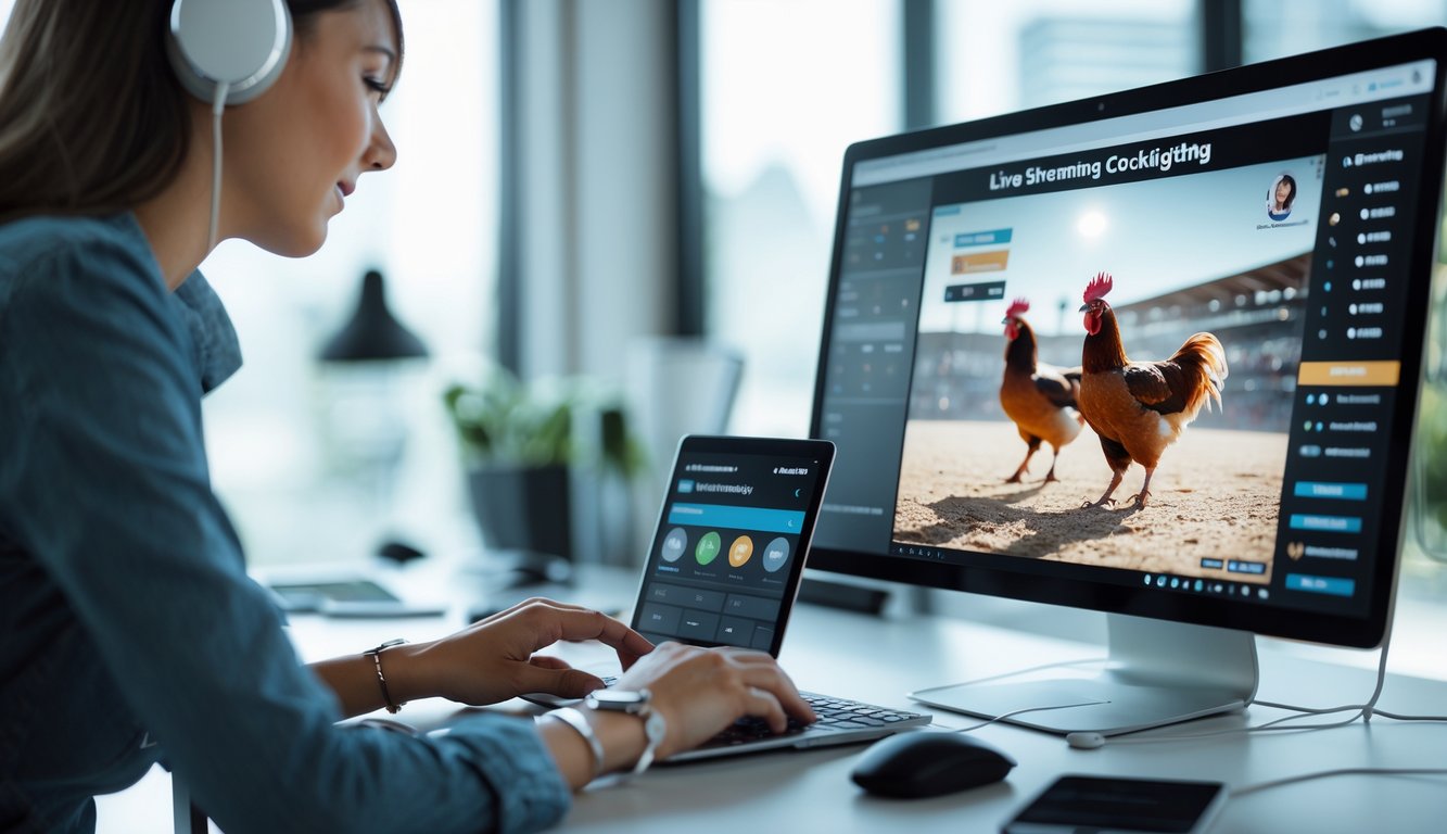 Seorang pengguna melakukan pembayaran online sambil menonton siaran langsung sabung ayam di komputer di sebuah meja kerja modern.