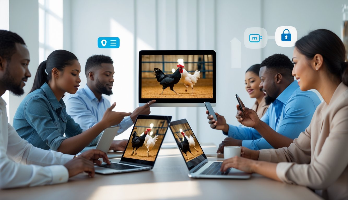 Beberapa orang menggunakan perangkat digital untuk menonton siaran langsung sabung ayam dan melakukan pembayaran online di ruangan modern.