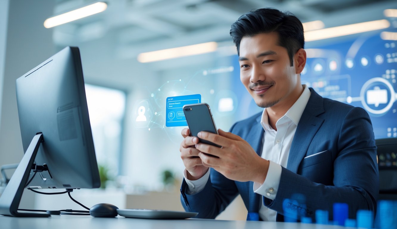 Seorang pria Asia Tenggara menggunakan ponsel untuk melakukan pembayaran online di kantor modern.