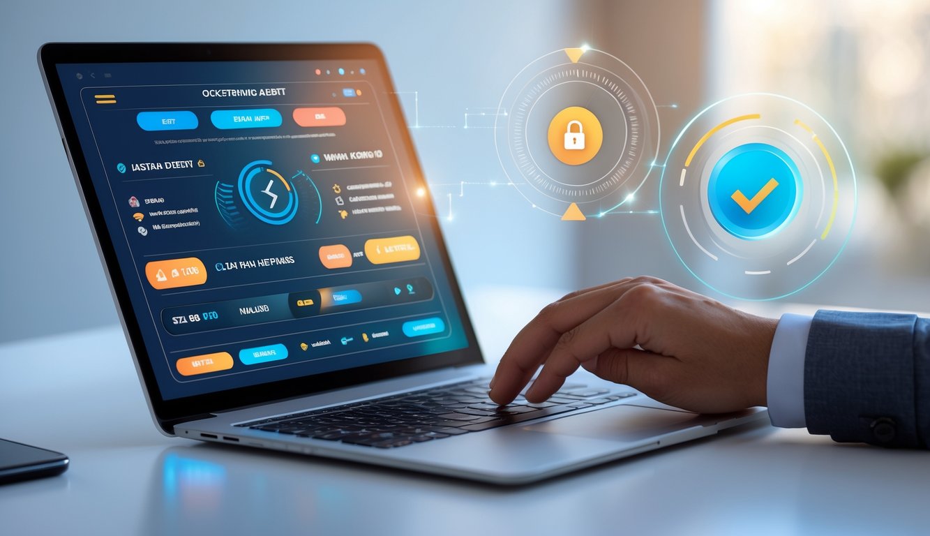 Seseorang menggunakan laptop atau ponsel untuk taruhan online dengan latar belakang yang bersih dan simbol keamanan digital.