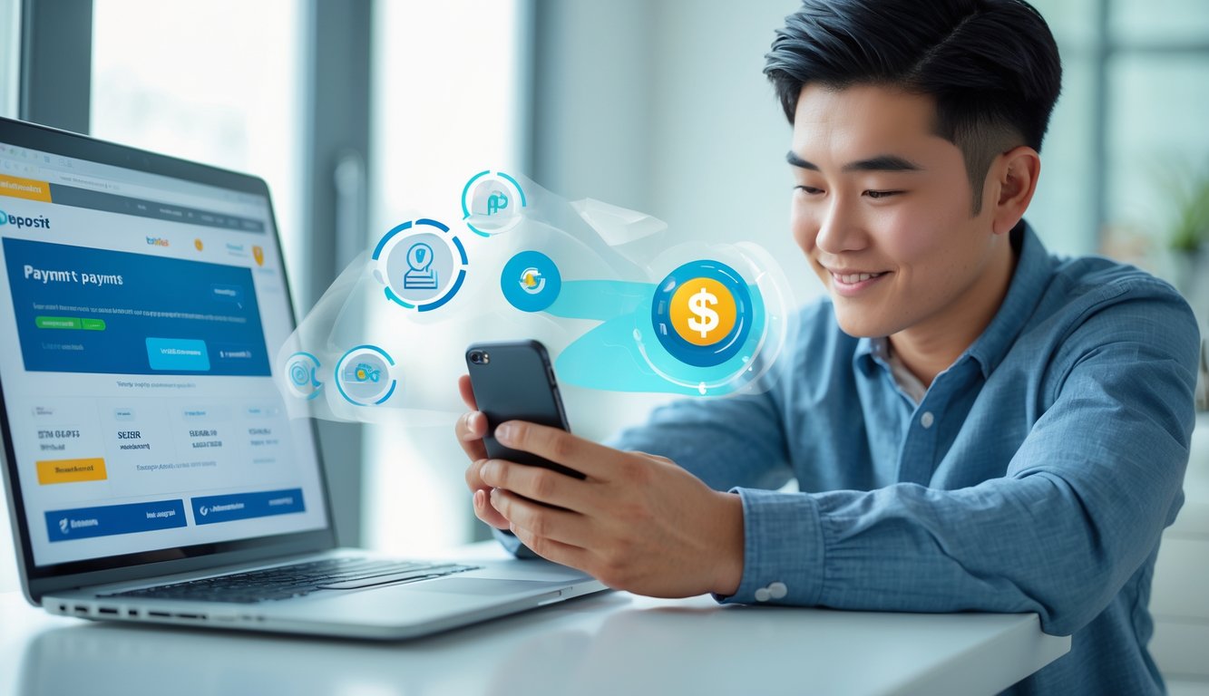 Seorang pria muda menggunakan ponsel untuk melakukan pembayaran online dengan latar belakang ruang kerja modern yang terang.