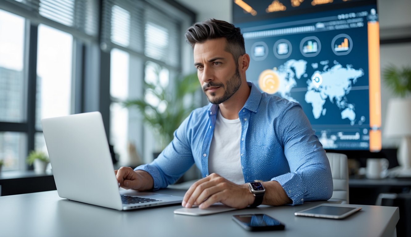 Seorang pria duduk di meja kantor modern dengan laptop, terlihat fokus menganalisis data dan strategi di layar komputer.