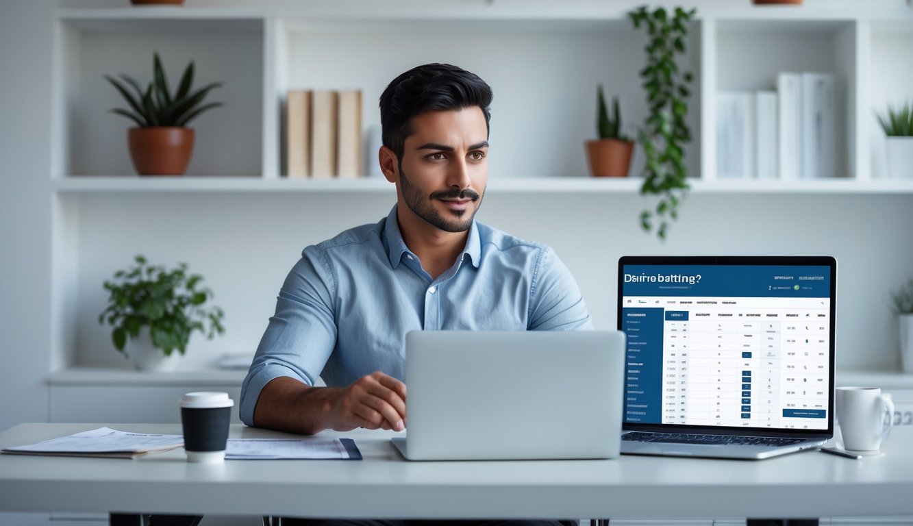 Seorang pria duduk di depan laptop di ruang kerja modern, fokus menganalisis data dan strategi taruhan online.