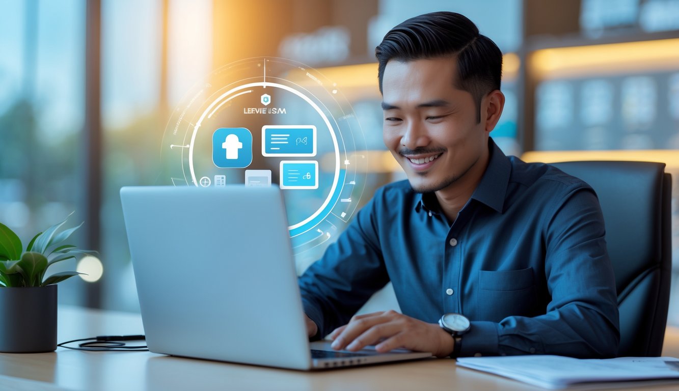 Seorang pria Indonesia sedang bekerja dengan laptop di meja kantor modern, menunjukkan suasana kerja yang profesional dan terpercaya.