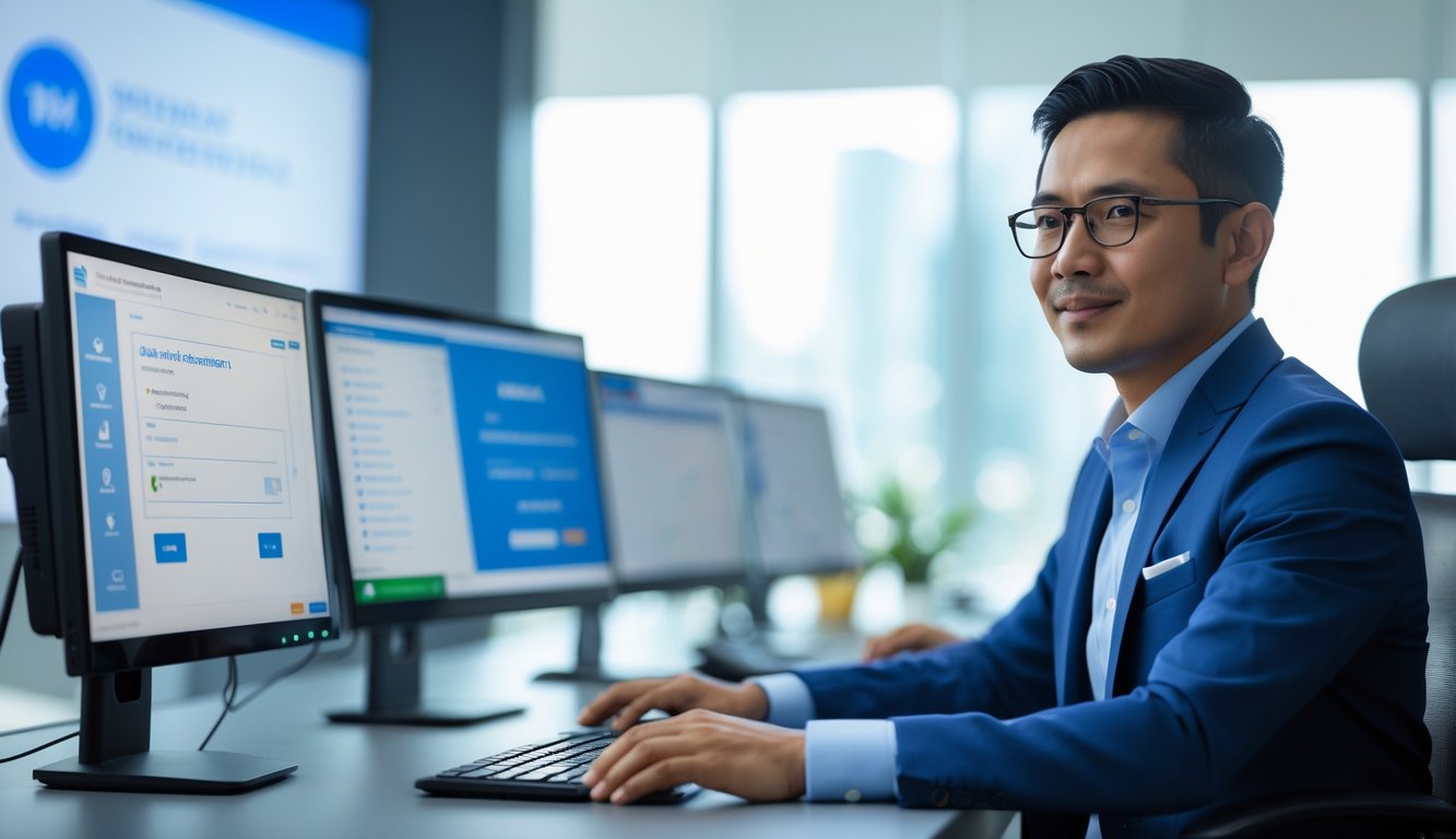 Seorang agen profesional sedang bekerja di kantor modern dengan beberapa monitor komputer yang menampilkan antarmuka pembayaran online yang aman.