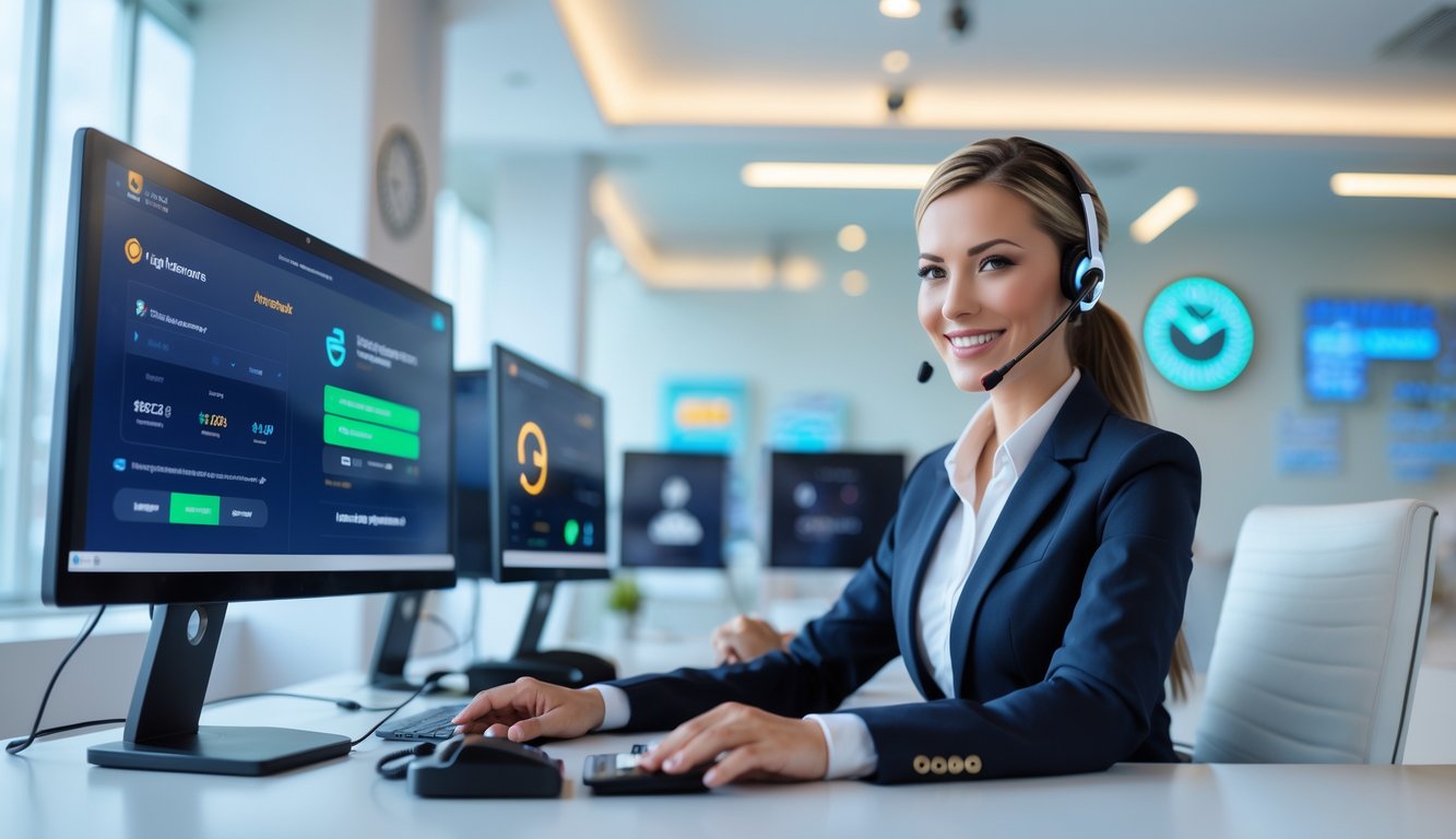 Seorang perwakilan layanan pelanggan profesional sedang bekerja di depan komputer dengan tampilan antarmuka pembayaran online di kantor modern yang terang dan rapi.