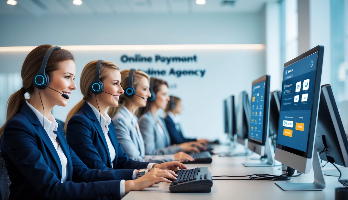 Sejumlah agen layanan pelanggan profesional sedang bekerja di pusat layanan dengan komputer dan headset, memberikan dukungan pembayaran online.