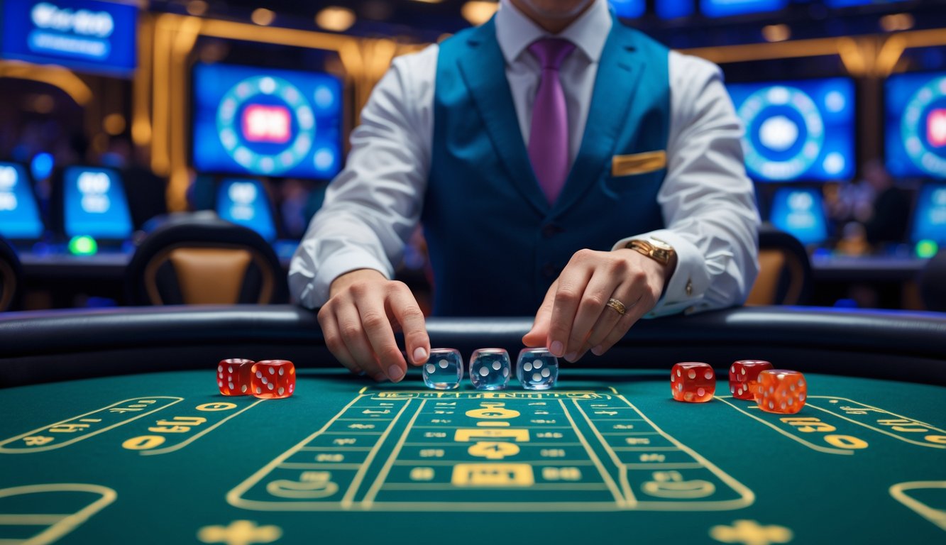 Seorang dealer di meja Sic Bo di kasino dengan dadu transparan dan layar digital di latar belakang yang menunjukkan ikon pembayaran cepat dan aman.