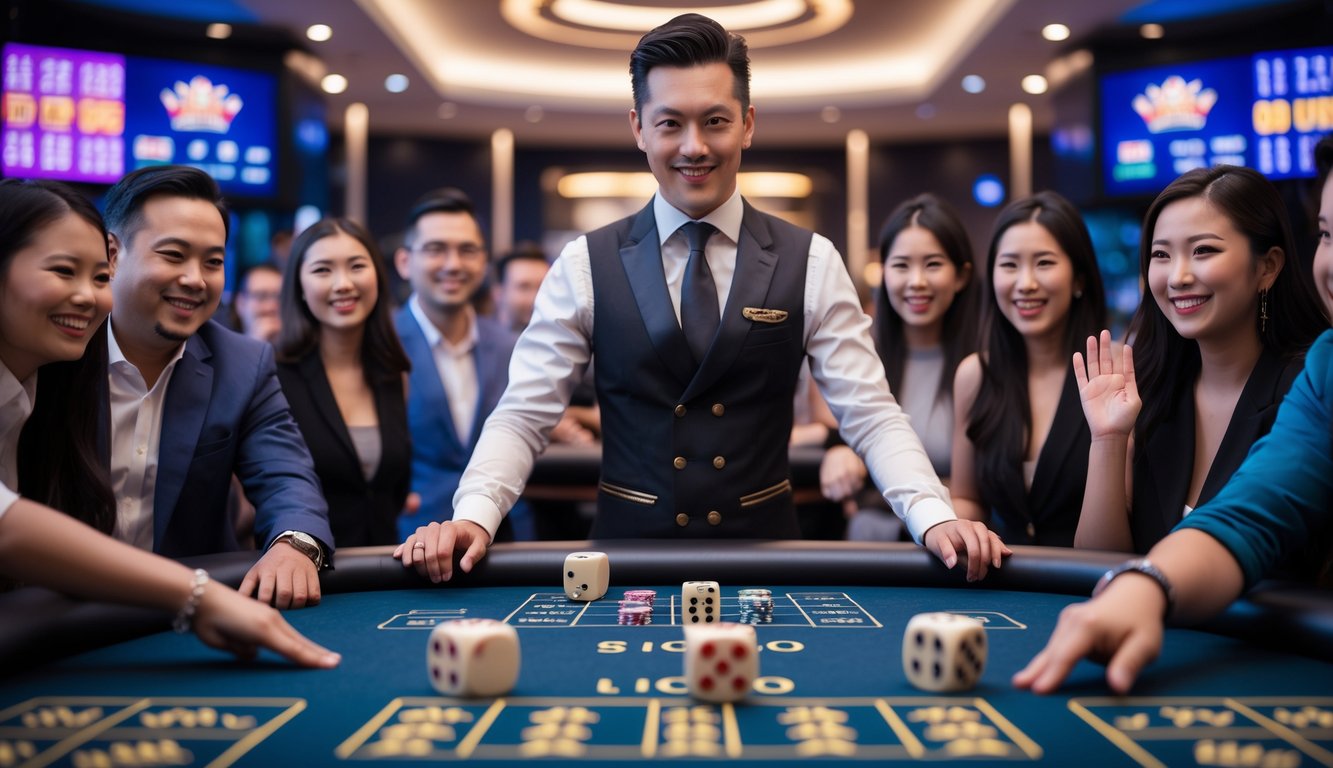 Seorang dealer di meja permainan Sic Bo dengan beberapa pemain yang terlihat antusias di kasino live.