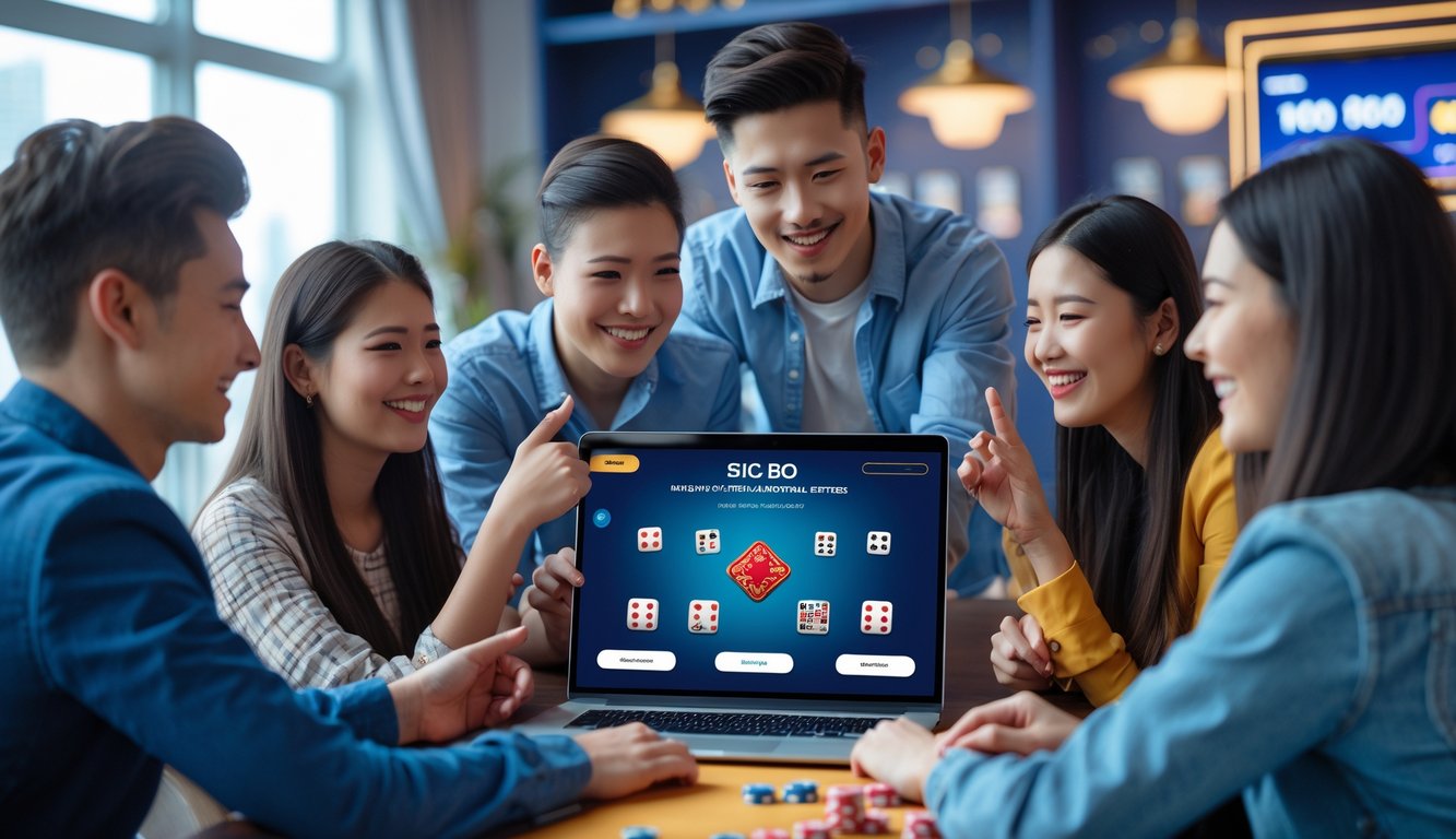 Sekelompok orang muda sedang mendaftar di kasino online dengan tampilan permainan Sic Bo di layar perangkat mereka.