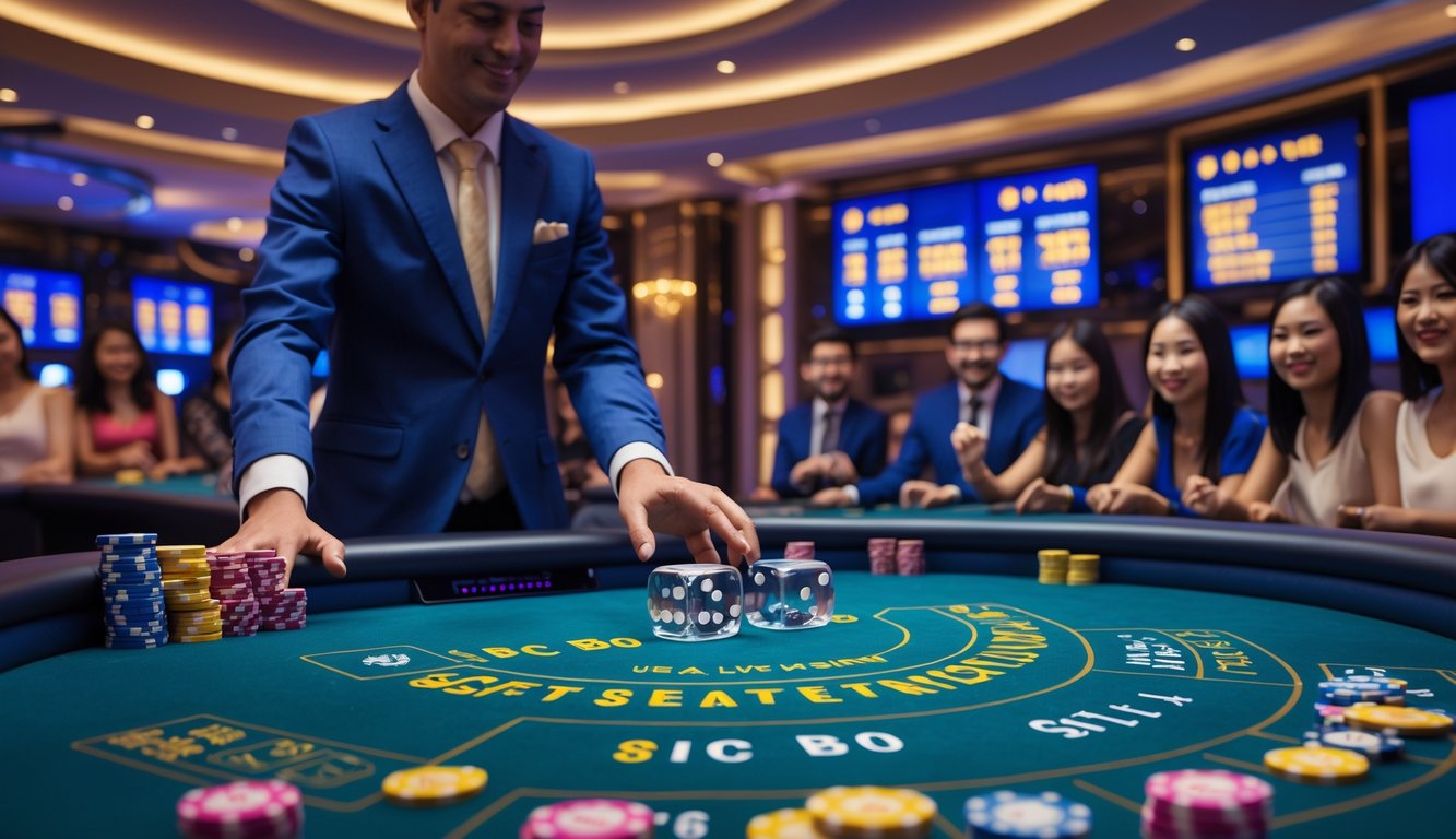 Seorang dealer di meja Sic Bo di kasino langsung dengan dadu transparan dan chip taruhan, dikelilingi oleh pemain yang antusias.