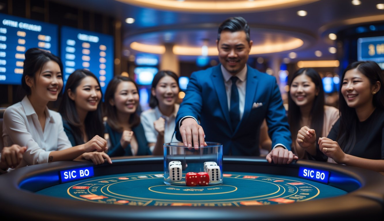 Seorang dealer dan beberapa pemain sedang bermain Sic Bo di meja kasino dengan suasana yang hidup dan profesional.