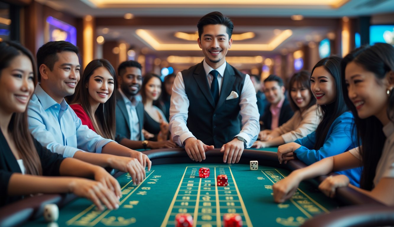 Seorang dealer tersenyum di meja Sic Bo dengan pemain yang terlihat antusias di kasino yang mewah dan terang.