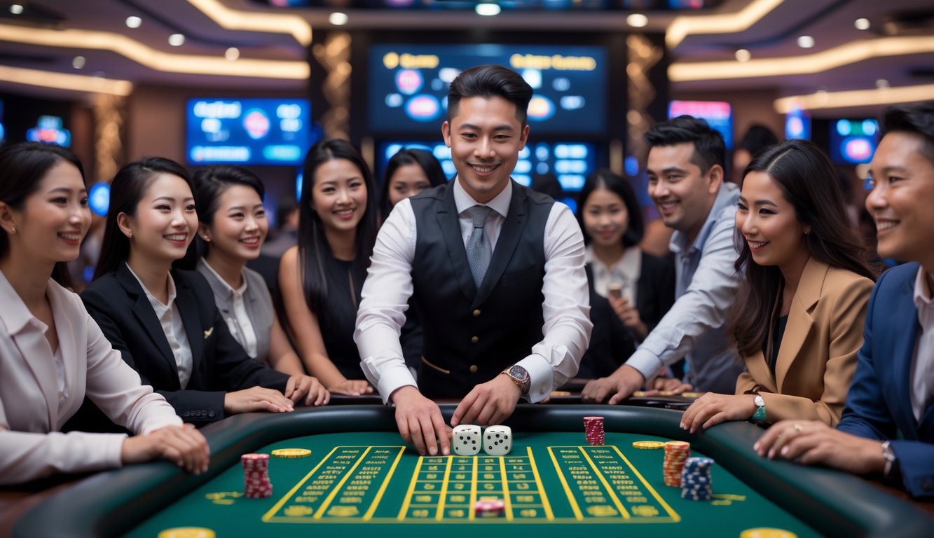 Seorang dealer dan beberapa pemain sedang bermain permainan Sic Bo di meja kasino dengan suasana mewah dan pencahayaan hangat.