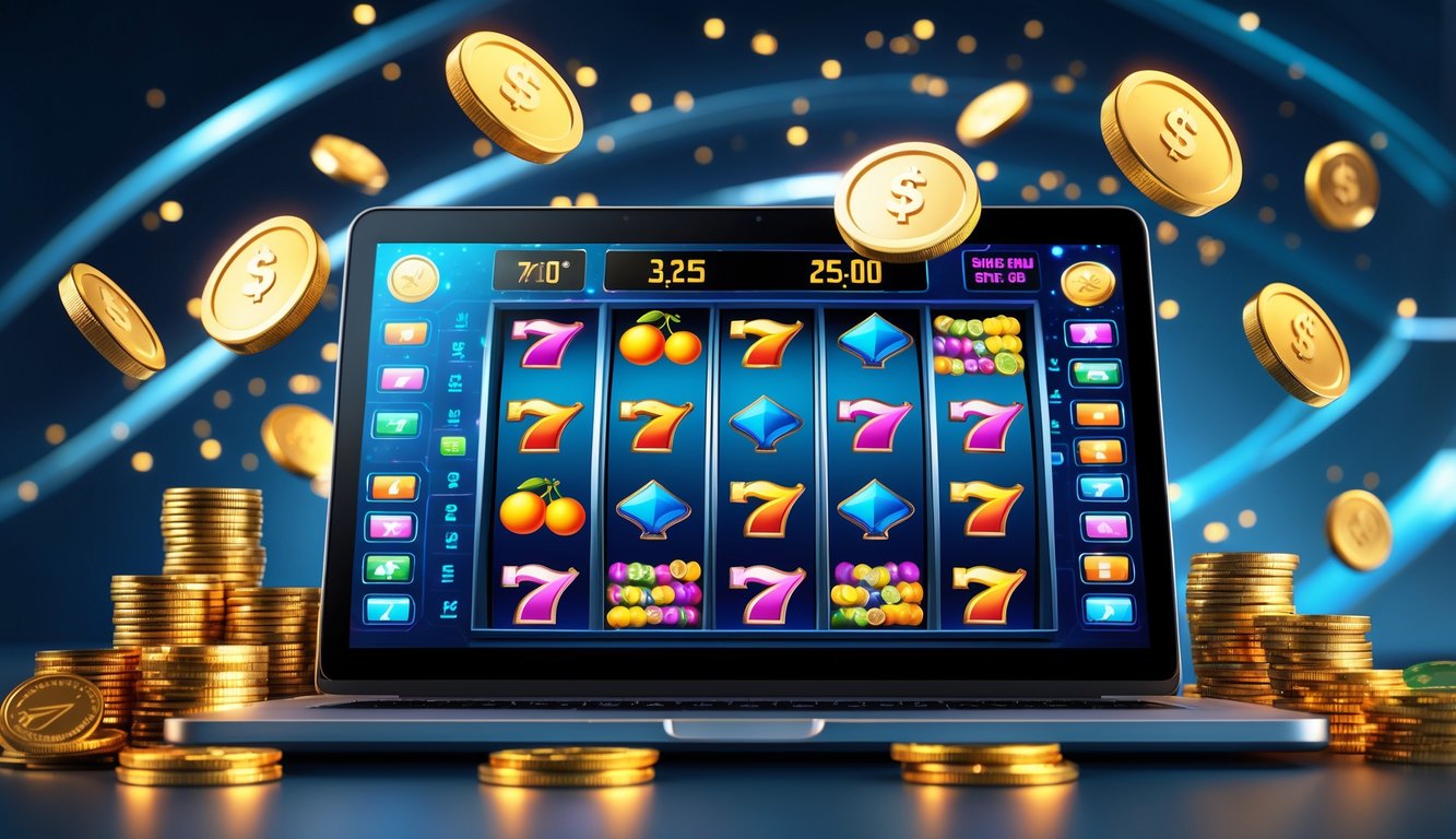 Seorang pemain menggunakan perangkat digital untuk bermain mesin slot online dengan simbol kemenangan dan koin emas di sekitarnya.