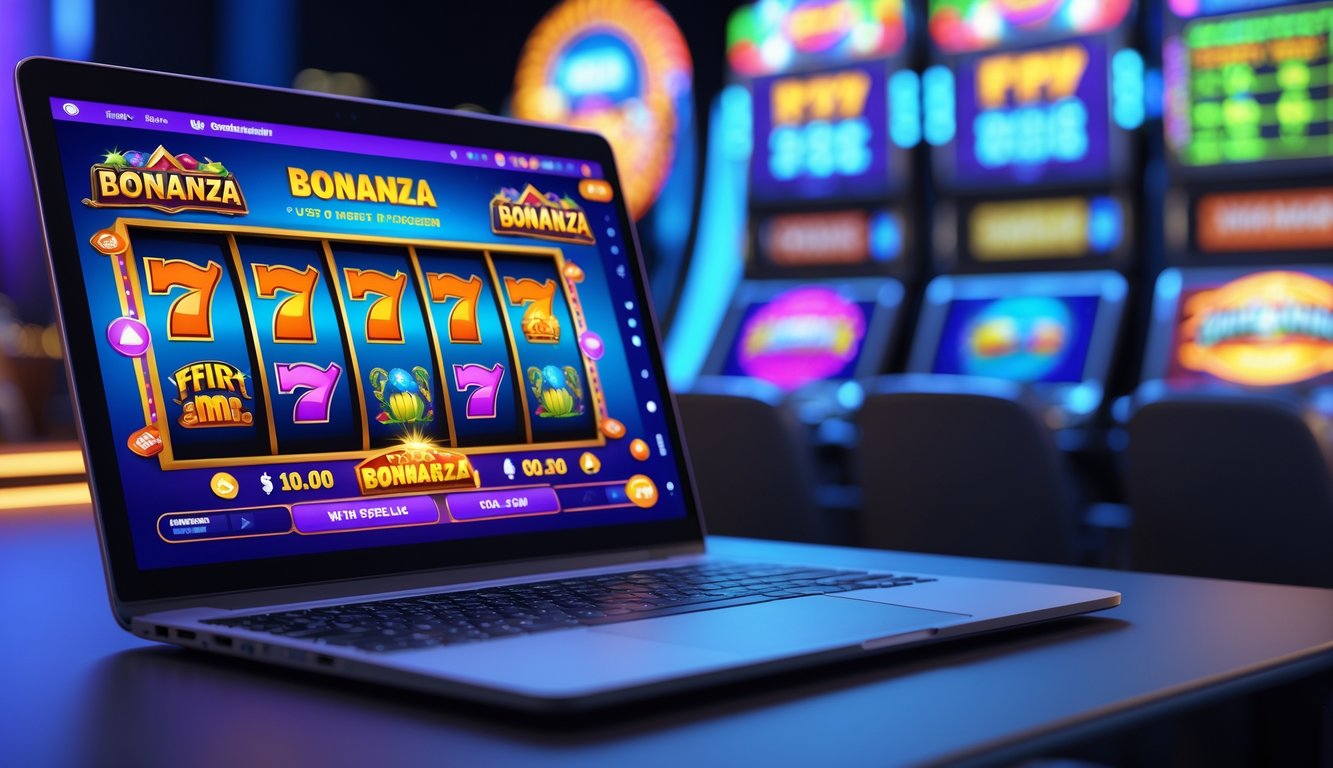 Seorang pengguna sedang bermain slot online di laptop dengan tampilan permainan yang berwarna-warni dan latar belakang yang menunjukkan kecepatan proses pembayaran.