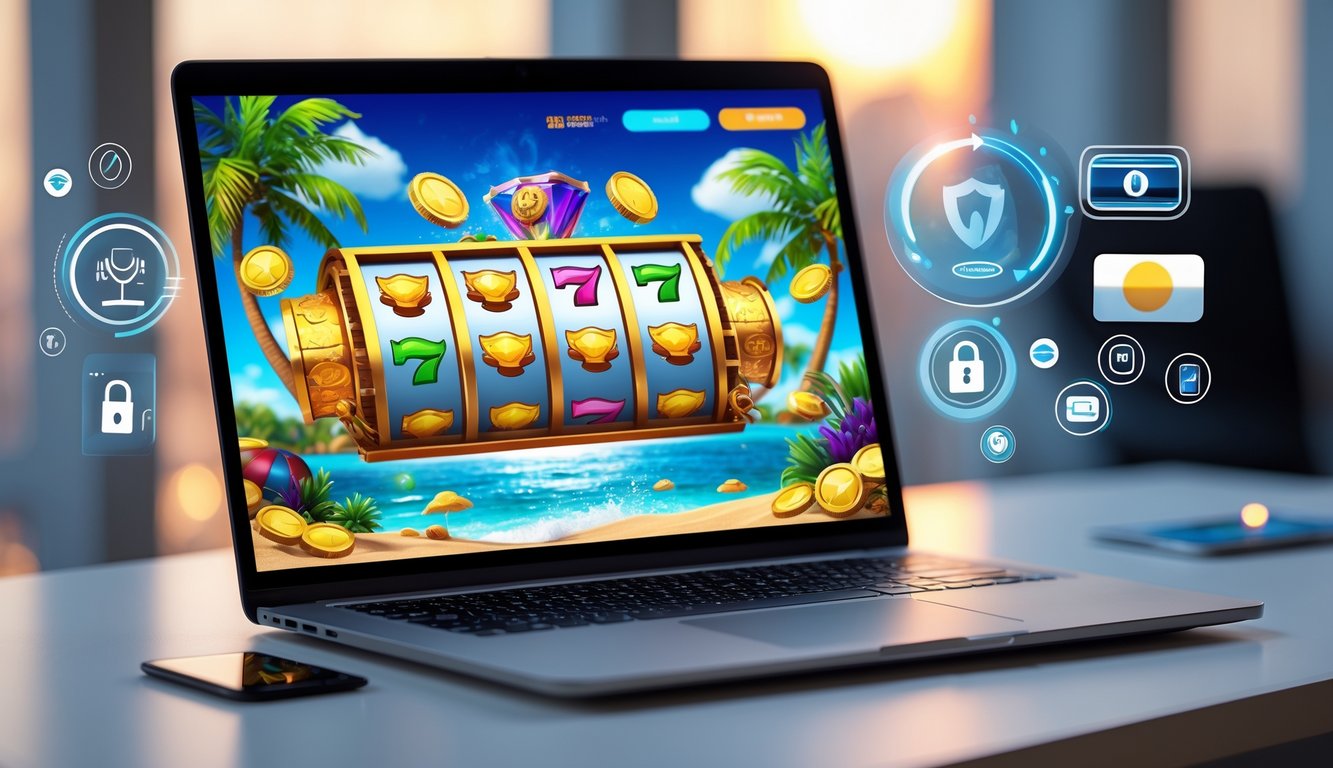 Layar laptop menampilkan permainan slot bertema pulau tropis dengan koin emas dan harta karun, di meja dengan simbol pembayaran online di sekitarnya.