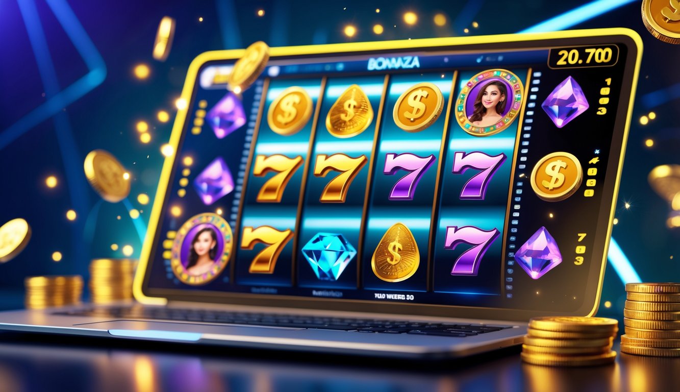Tampilan mesin slot online berwarna-warni dengan koin emas dan permata, di depan layar perangkat modern yang menunjukkan permainan slot sedang berjalan.
