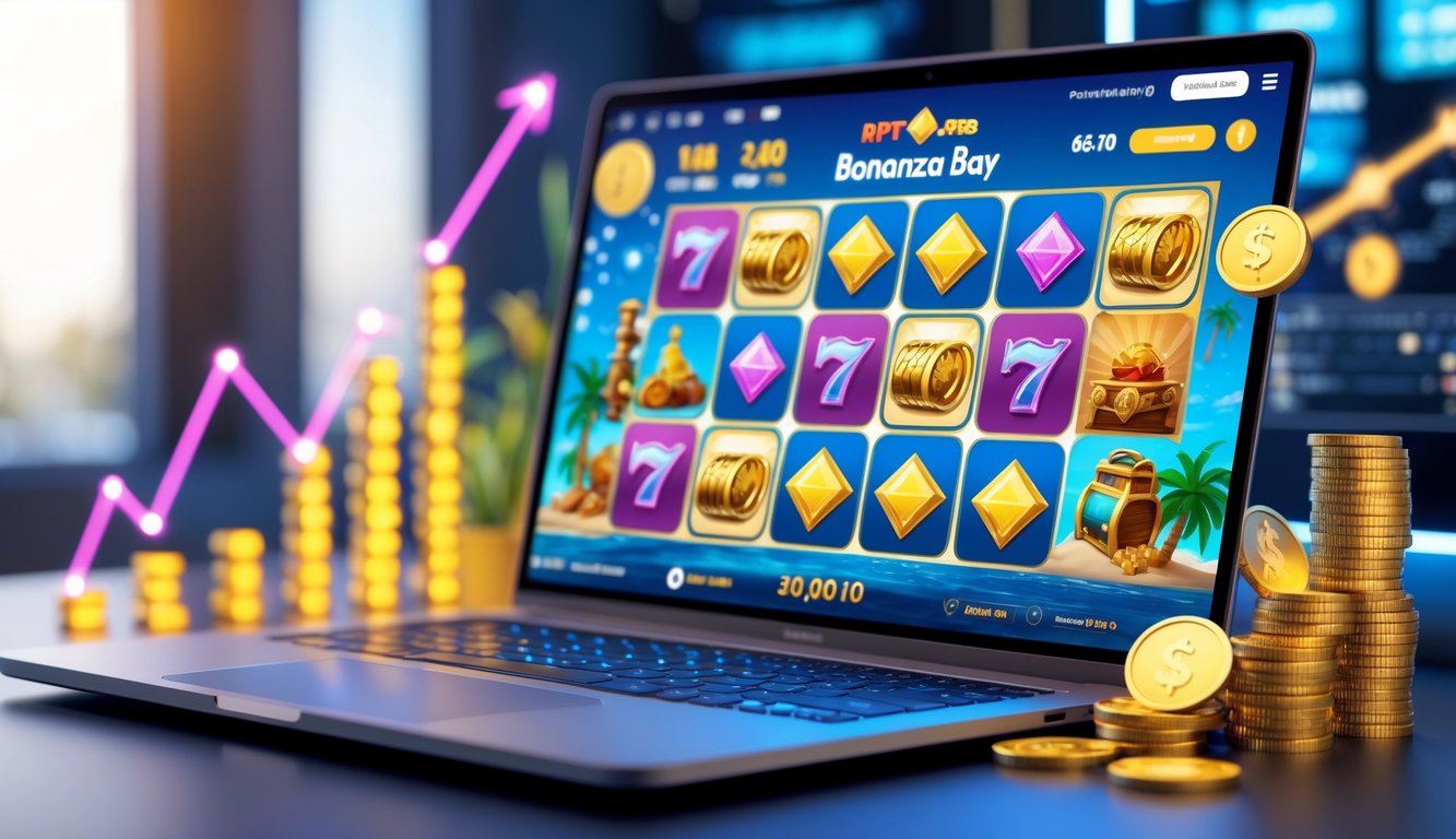 Layar komputer menampilkan permainan slot online dengan simbol koin emas dan harta karun, dikelilingi ikon pembayaran digital dan grafik peningkatan bonus.