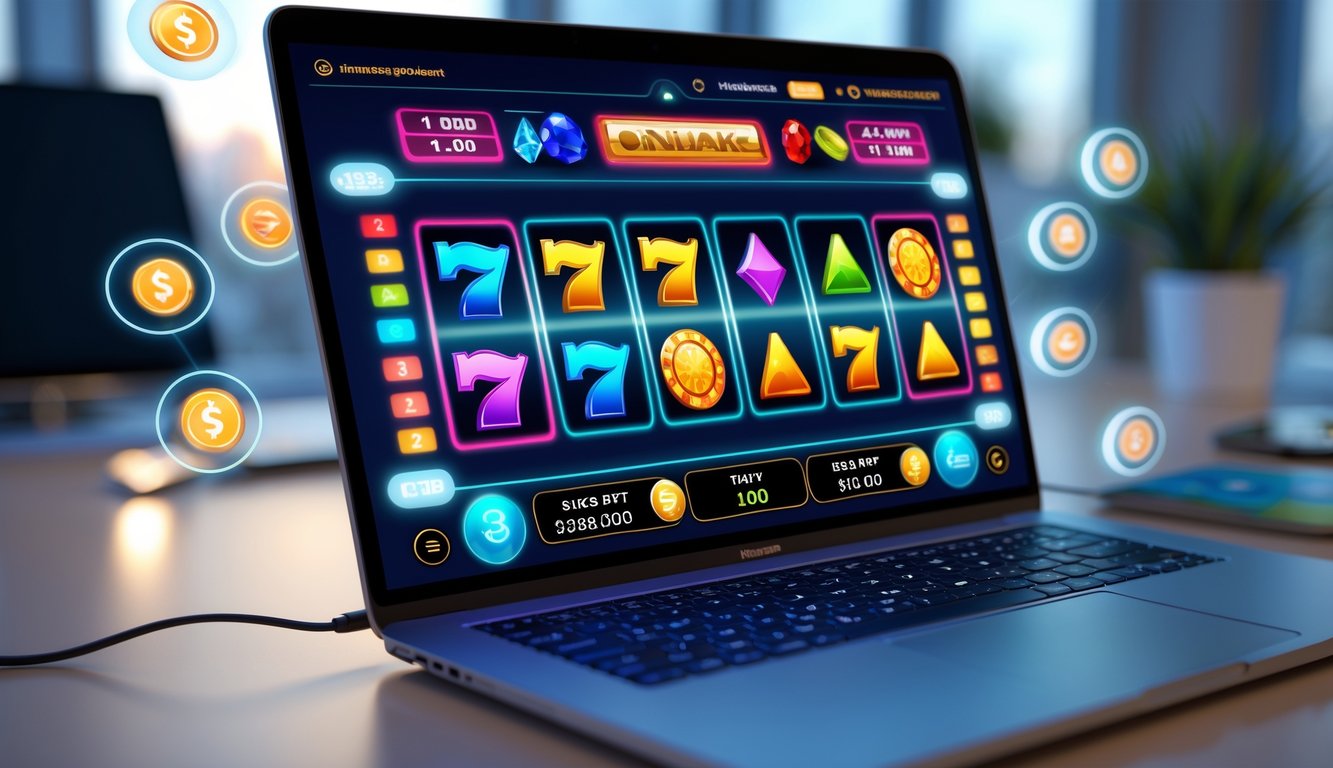 Layar komputer menampilkan mesin slot online berwarna cerah dengan ikon pembayaran digital di sekitarnya dalam ruang kerja modern.