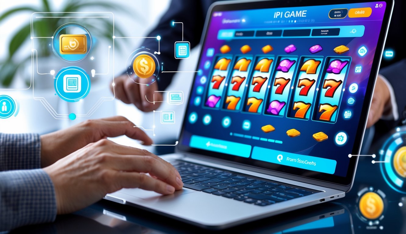 Seseorang menggunakan perangkat digital untuk bermain slot online dengan ikon pembayaran otomatis di sekitar perangkat.