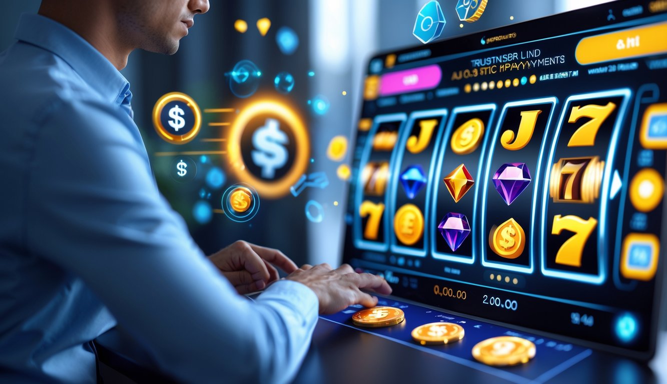 Seseorang menggunakan perangkat layar sentuh dengan latar belakang mesin slot digital dan ikon pembayaran otomatis yang menunjukkan sistem pembayaran terpercaya.